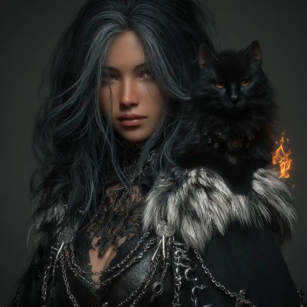 Dark fantasy witch with fire magic and black cat