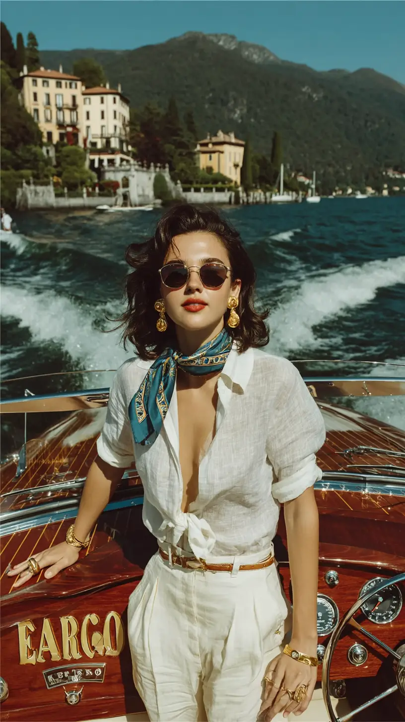 Elegant woman steering vintage speedboat on Lake Como
