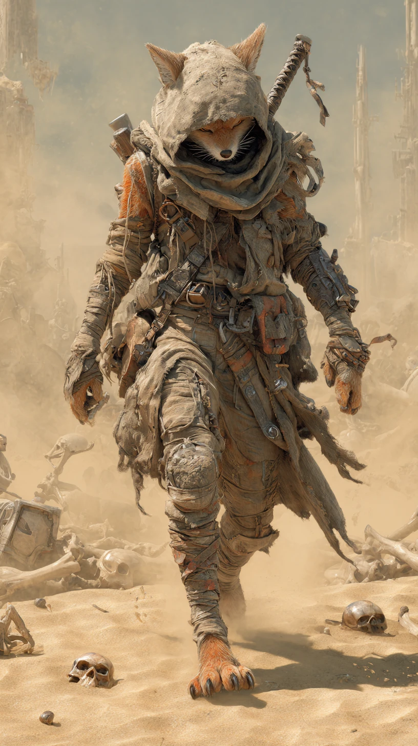 Anthropomorphic desert fox walking through a violent sandstorm