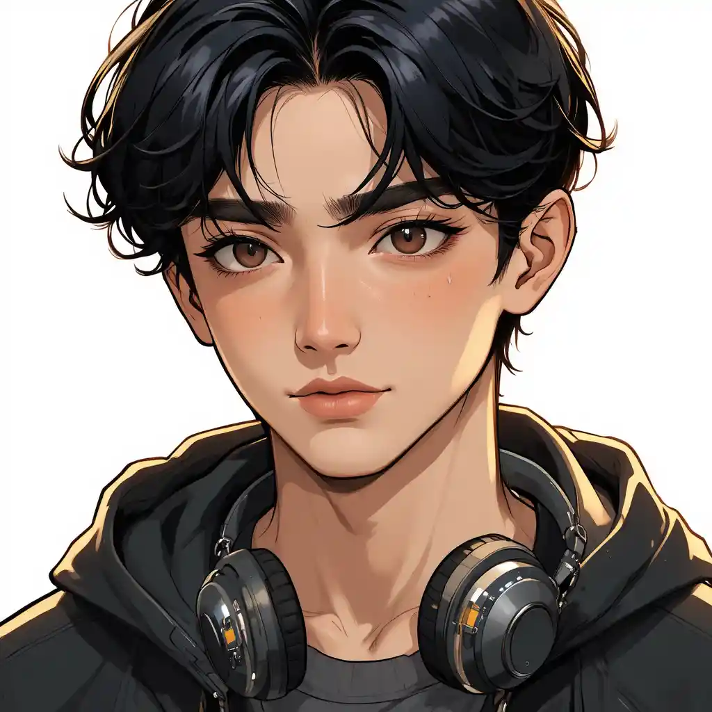 Calm young man with dark eyes and messy black hair