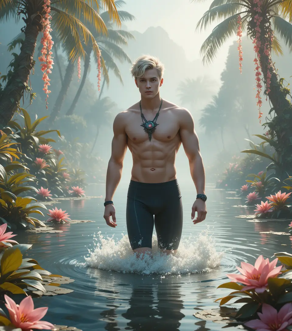 Muscular blond young man walking in a tropical lake