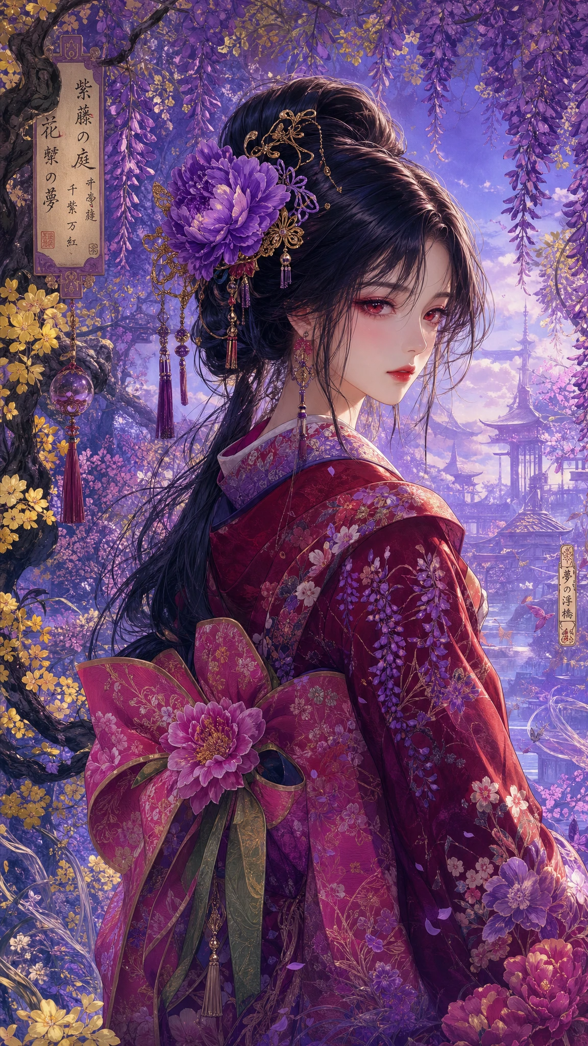 Anime kimono girl in a dreamy wisteria garden