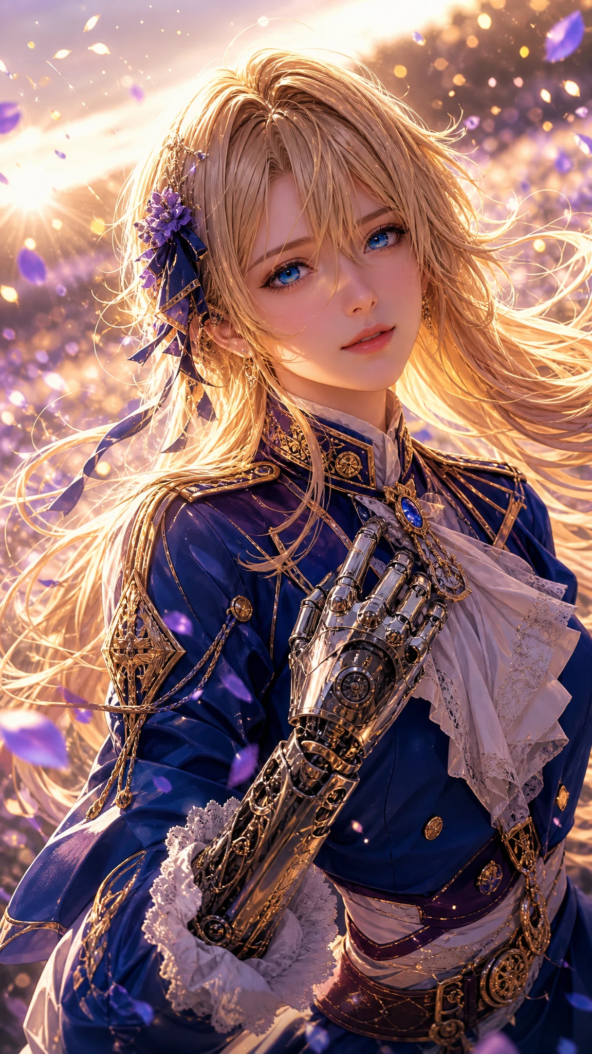 Blonde fantasy girl in blue uniform with robotic hand