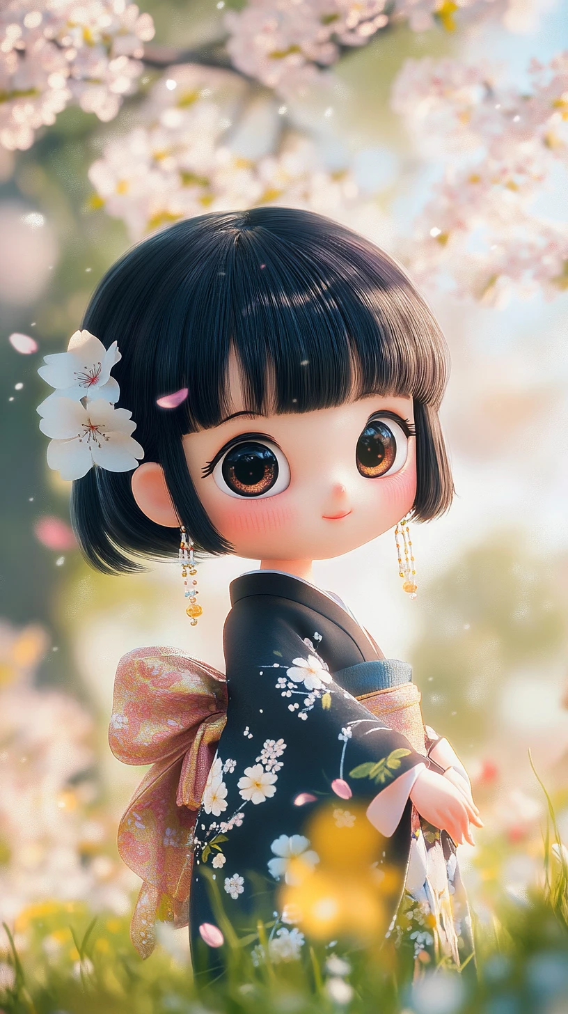 Cute chibi girl in black kimono in spring flower garden