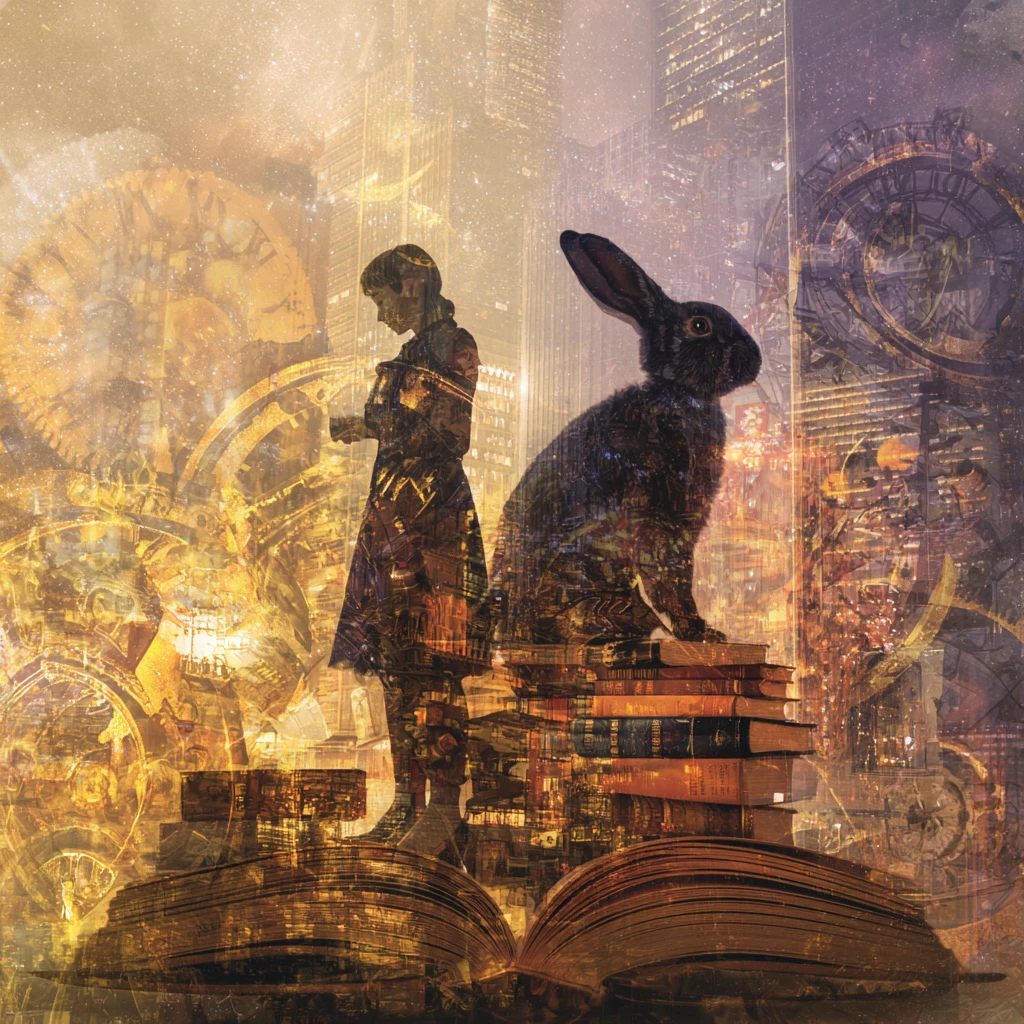 Steampunk girl and rabbit emerging from glowing storybook