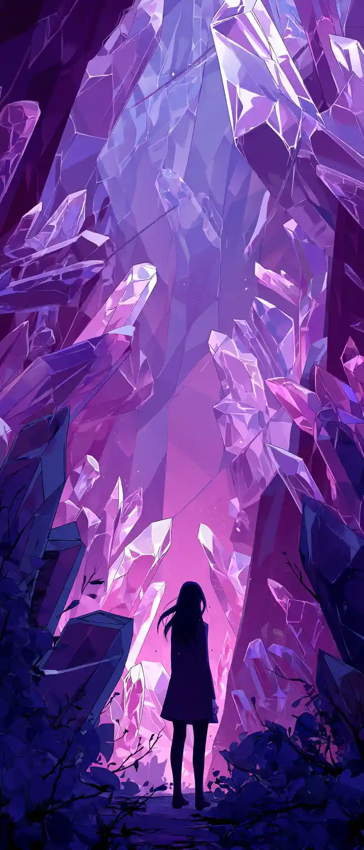 Anime woman in glowing crystal cavern of lost family echoes