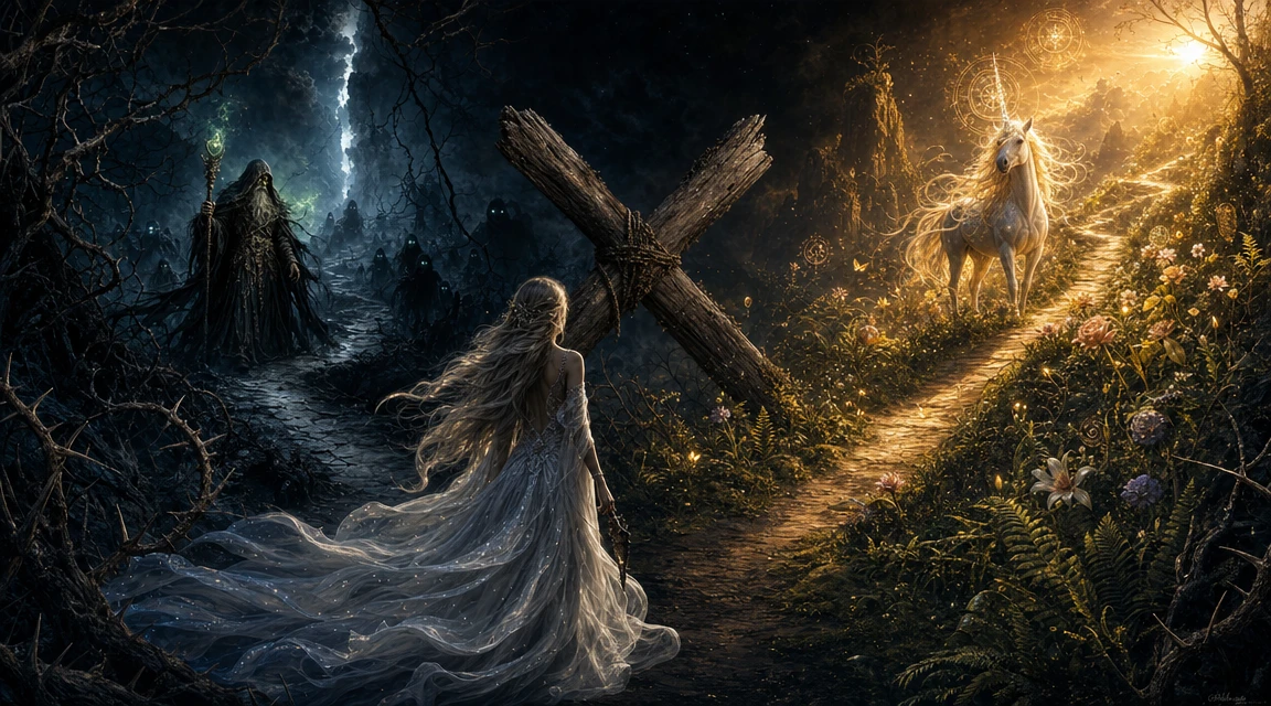 Woman at a crossroads beneath a dark empty sky