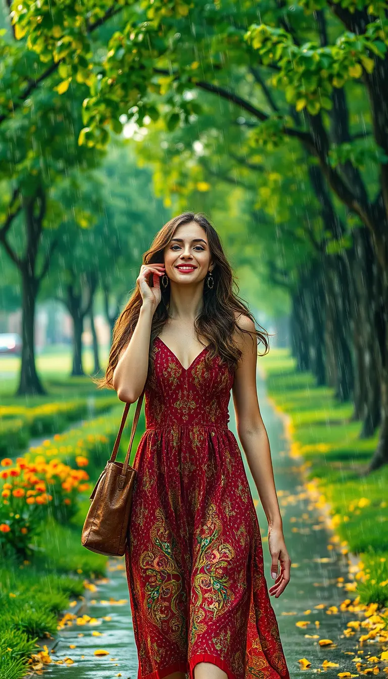 Donna gioiosa che passeggia in un parco cittadino piovoso d’estate