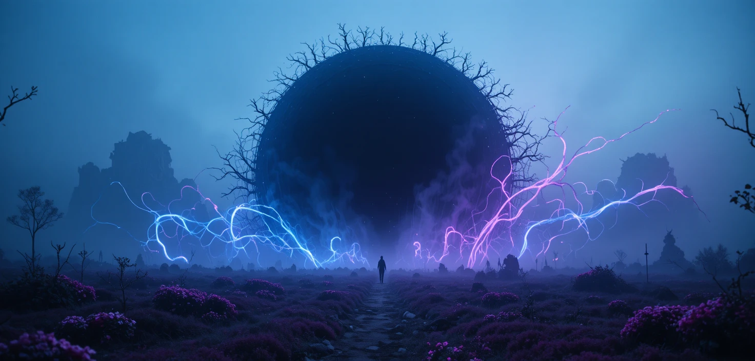 Surreal foggy landscape with colossal black circle and tendrils