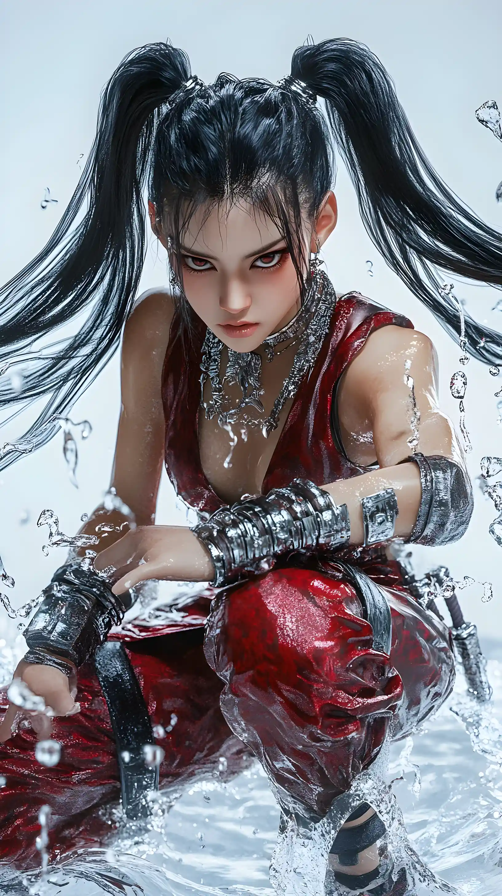 Fantasy warrior woman in red silk crouching pose