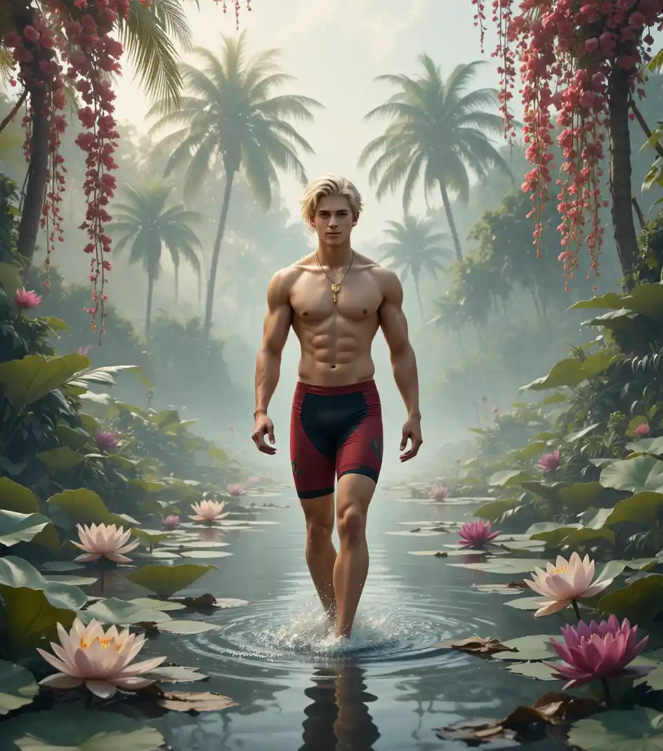 Young man walking across a misty tropical lake