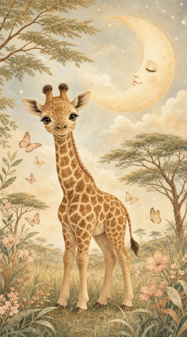 Sweet baby giraffe nursery illustration with moon and butterflies