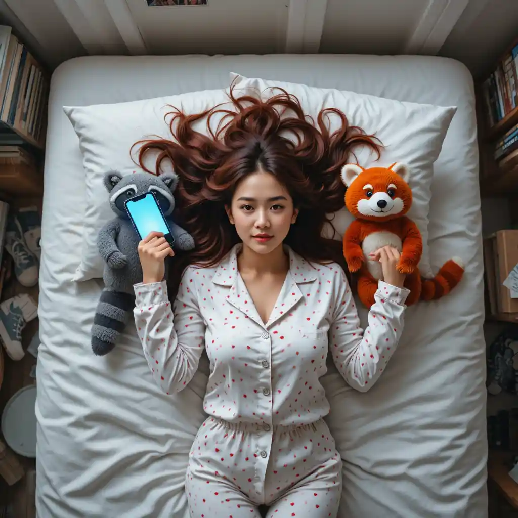 Top down view of a college girl on her dorm bed