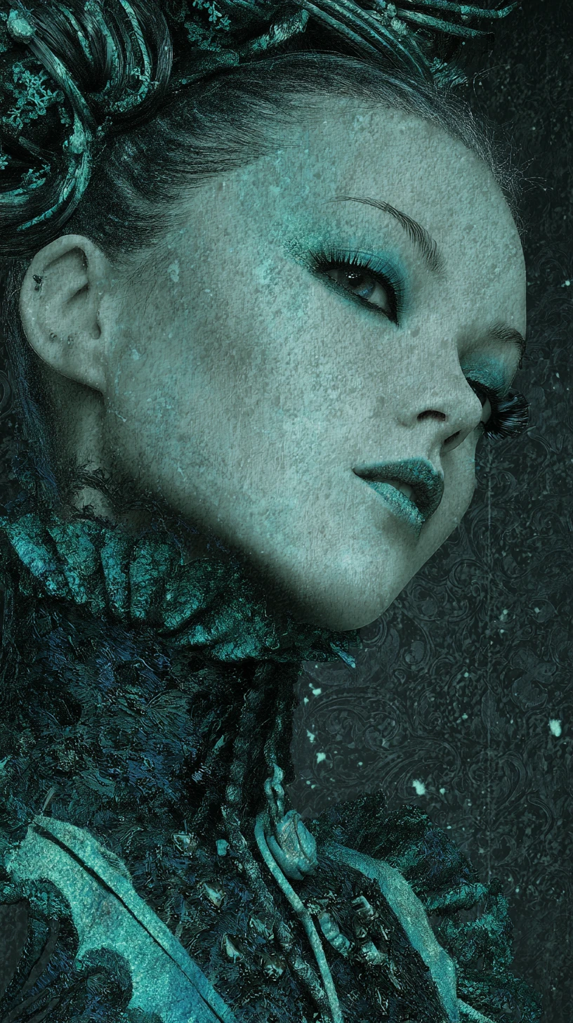 Gothic fantasy woman before a castle in teal night
