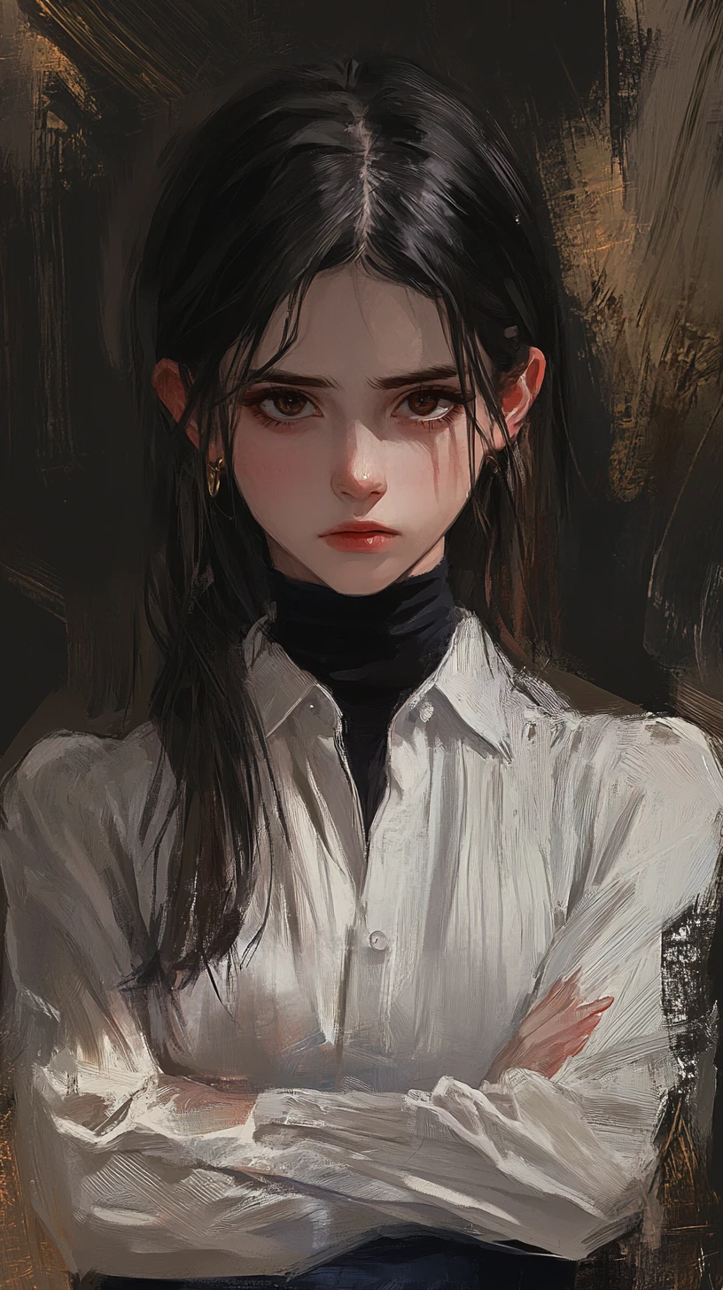 Defiant schoolgirl with crossed arms in dramatic light