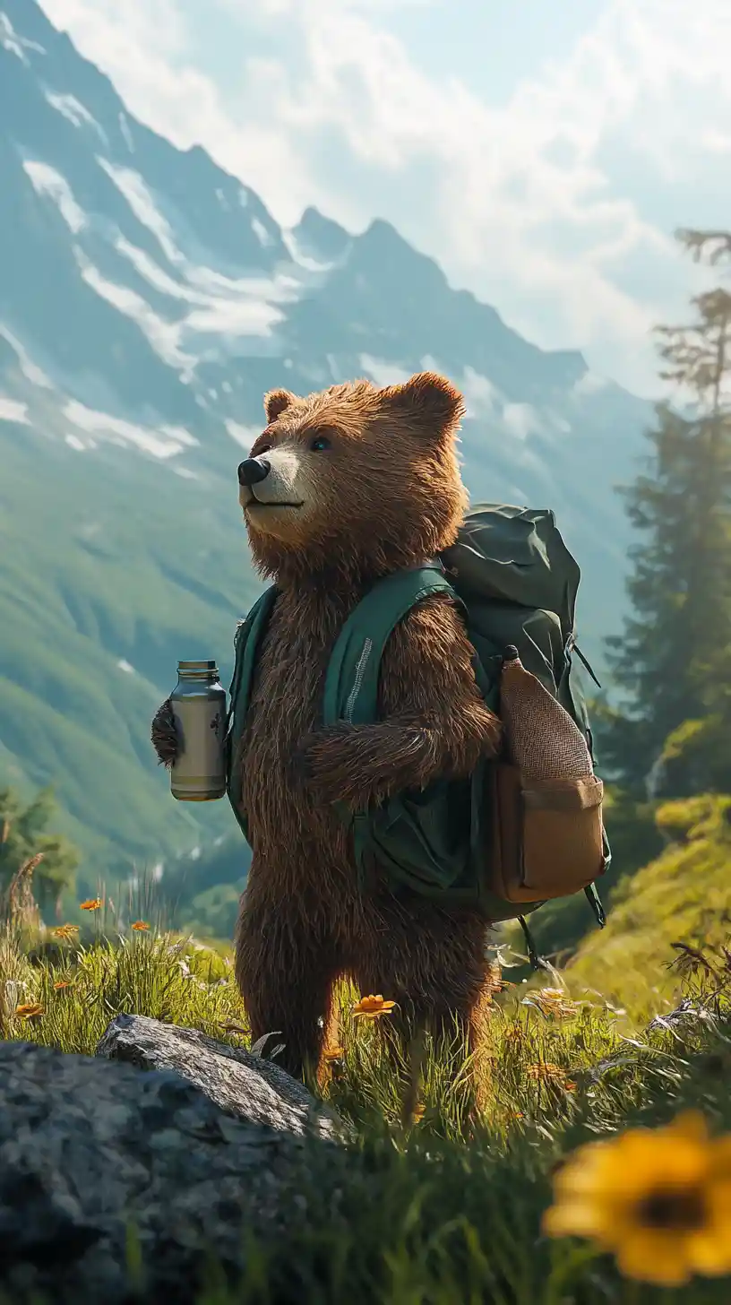 Cartoon bear hiking on a sunny alpine mountain meadow