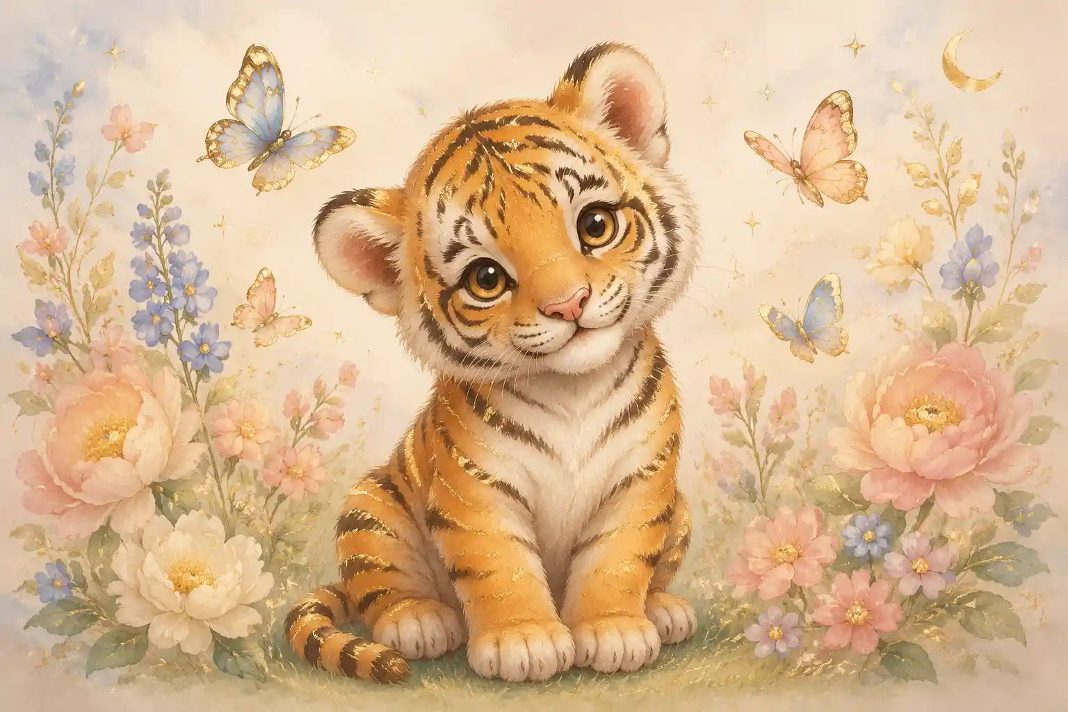 Cute tiger cub with butterflies in soft nursery illustration