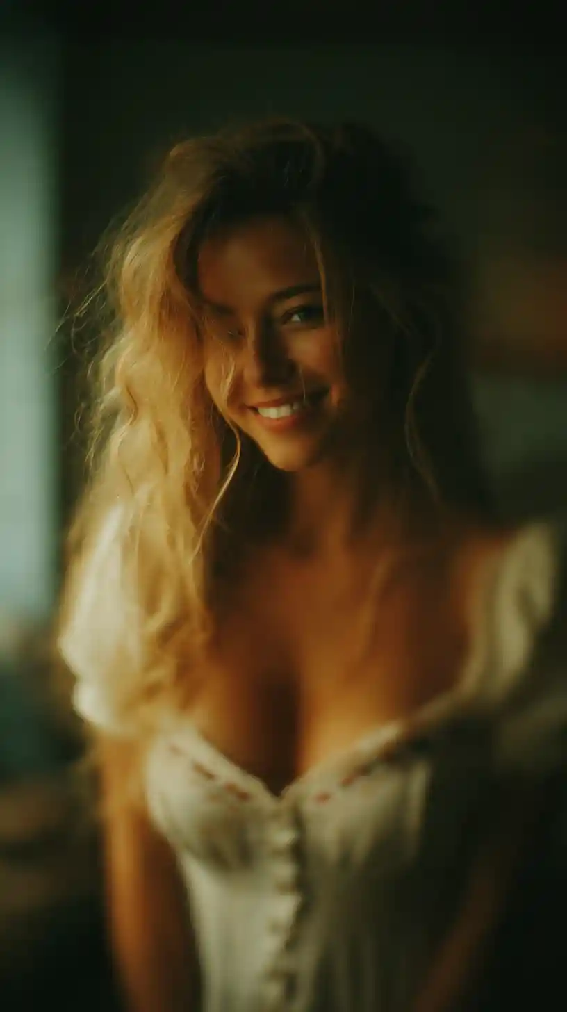 Soft blurry selfie of a blonde woman by a window