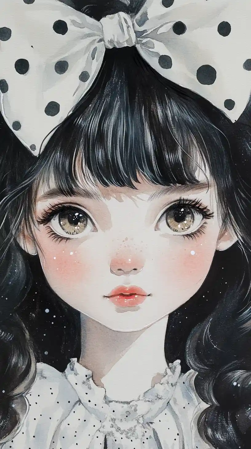 Manga watercolor close up of a sweet girl with bow