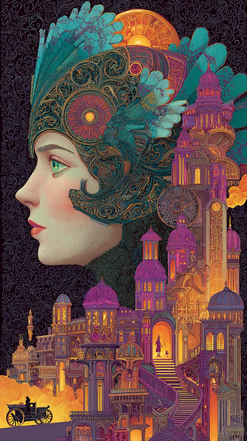 Surreal woman in ornate mechanical headdress above fantasy city
