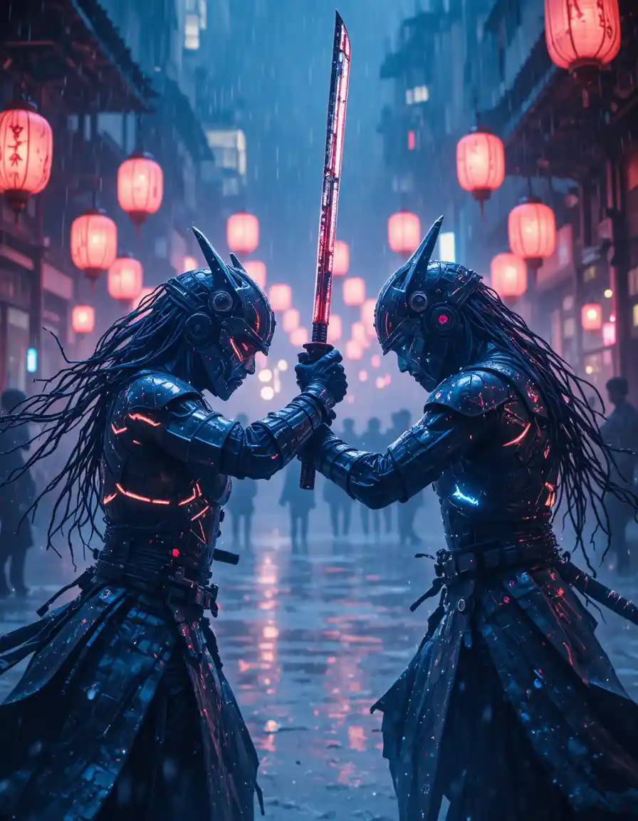 Cyber samurai duel in rain under glowing neon lanterns