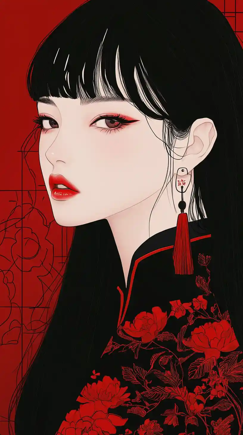 Elegant manga woman in black cheongsam with red accents