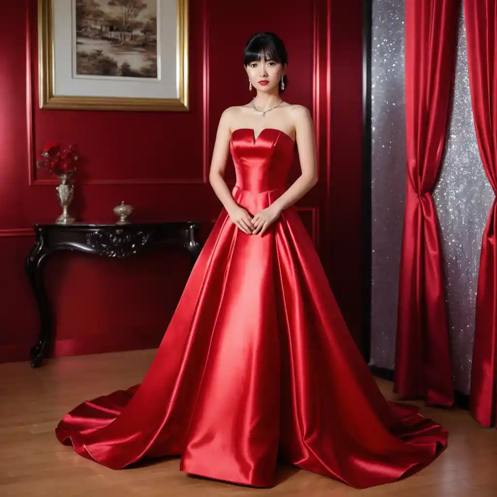 Elegant woman in scarlet satin strapless bridal evening gown