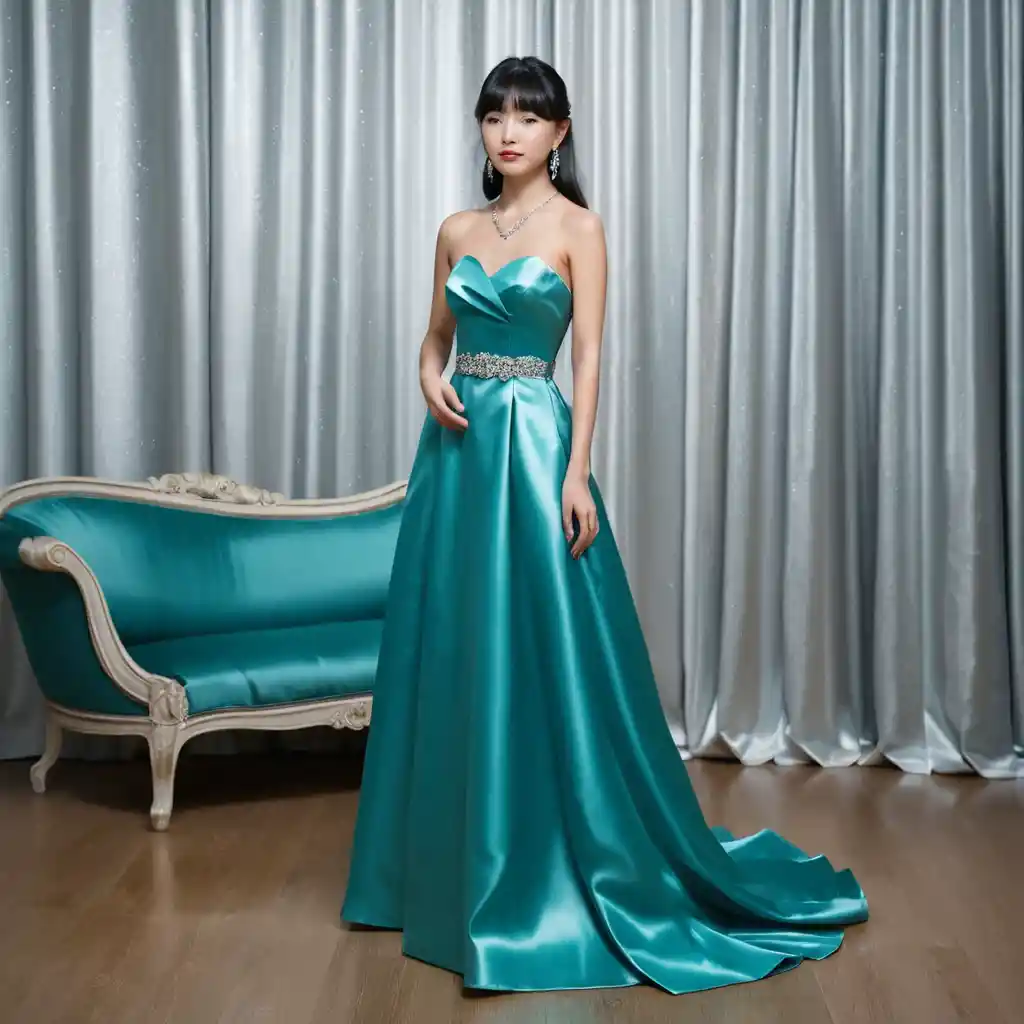 Elegant Japanese girl in glossy satin prom gown