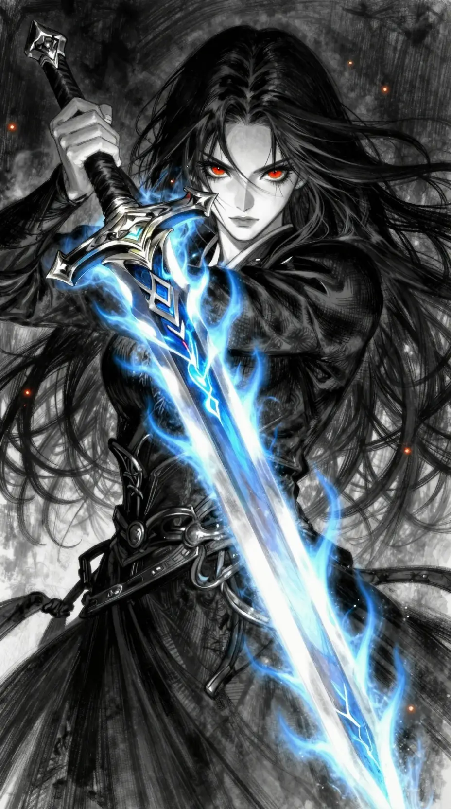 Dark sorceress with flaming sword in dramatic fantasy scene