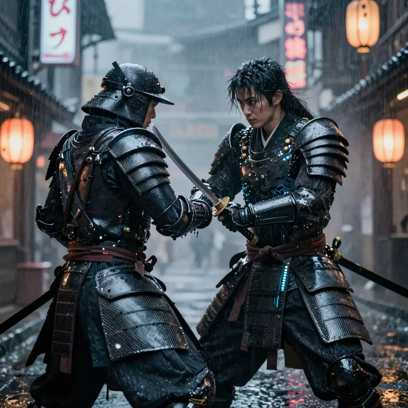 Cyber samurai duel in rain under glowing neon lanterns