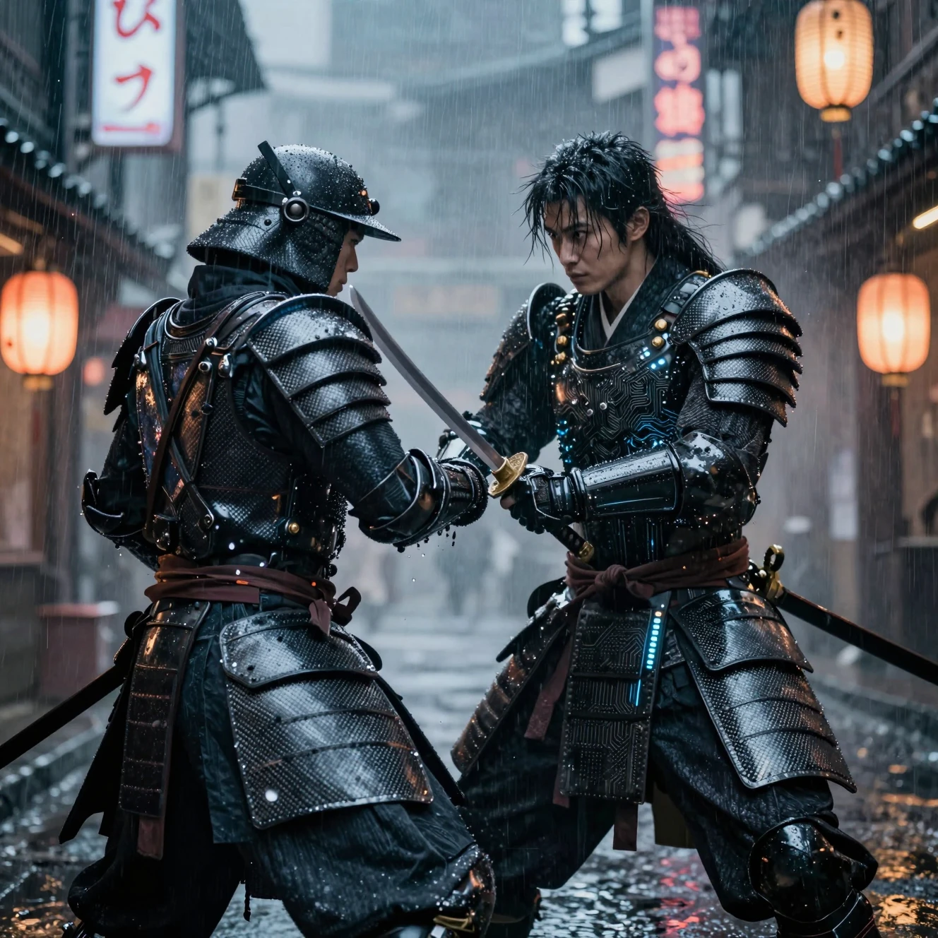 Cyber samurai duel in rain under glowing neon lanterns