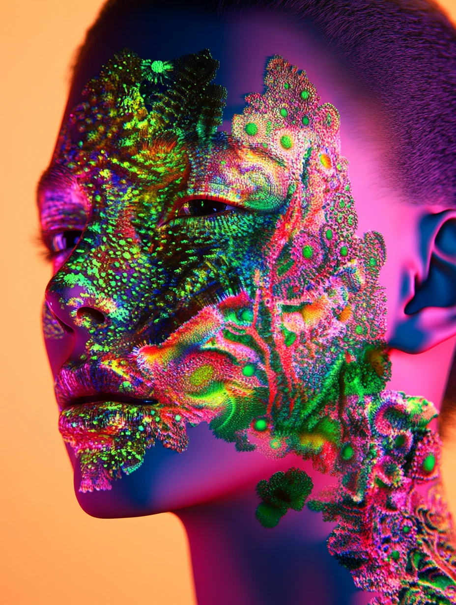 Surreal neon portrait of a woman in abstract fractal forms
