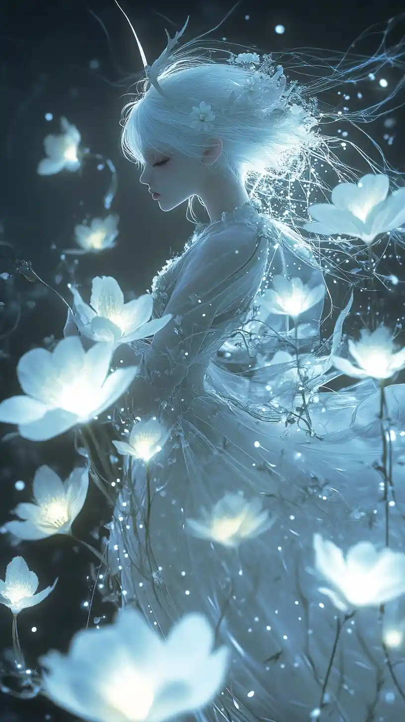 Ethereal creature outlined by glowing flowers in darkness