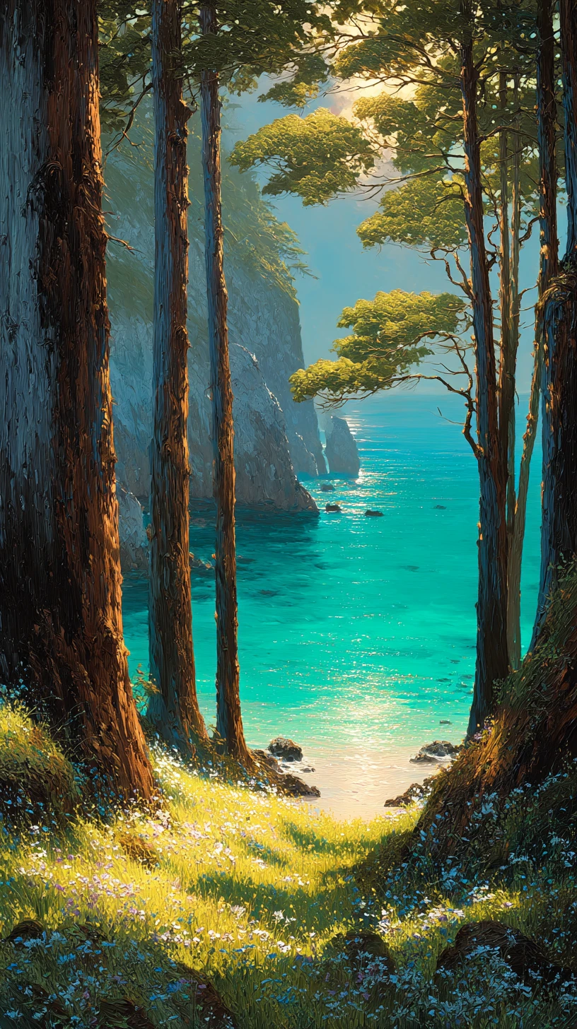 Ancient coastal trees framing a turquoise fantasy shoreline