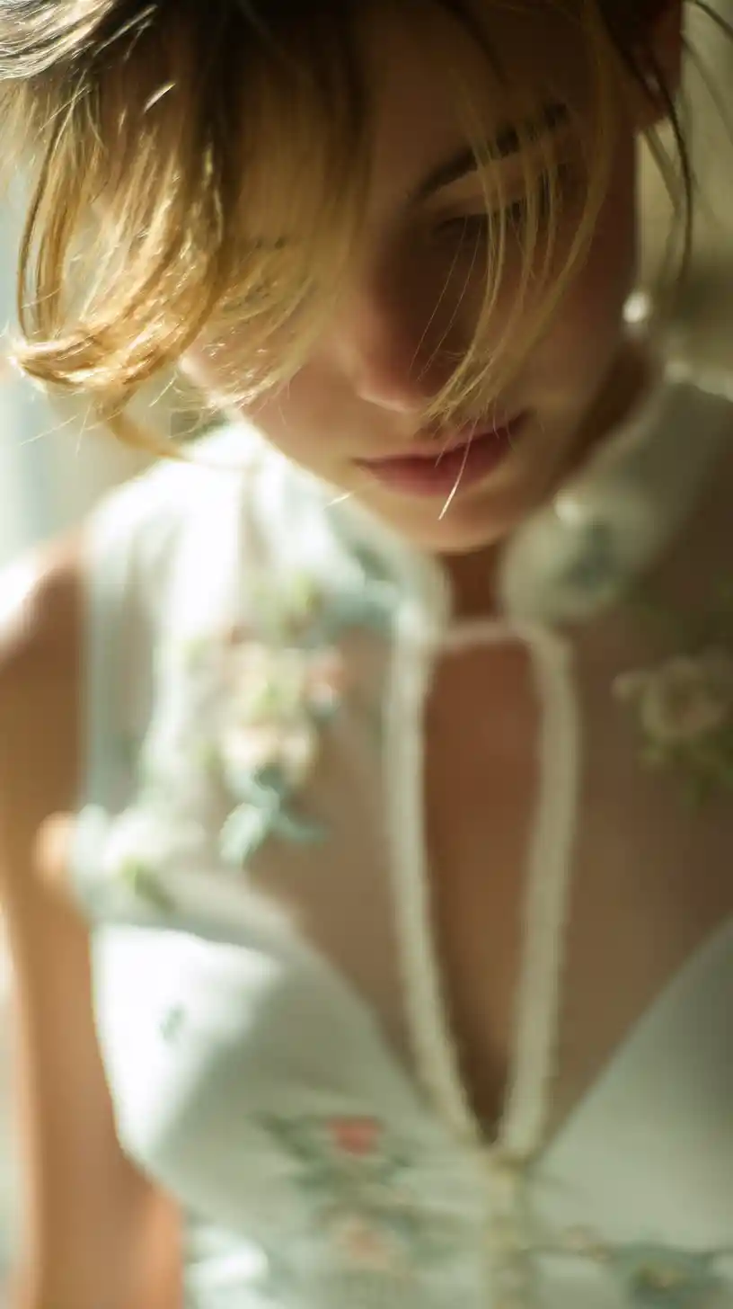 Soft focus portrait of woman in floral embroidered dress
