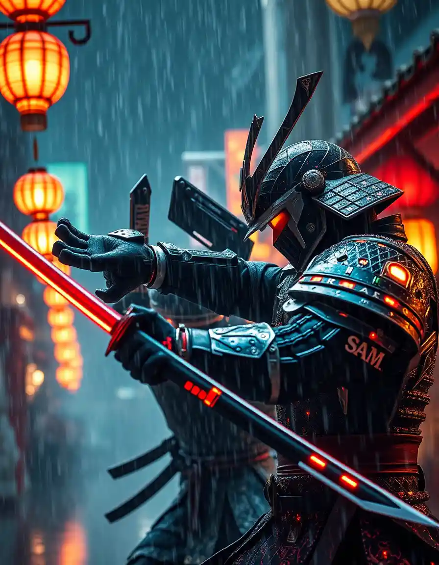 Cyber samurai duel in rain under glowing neon lanterns