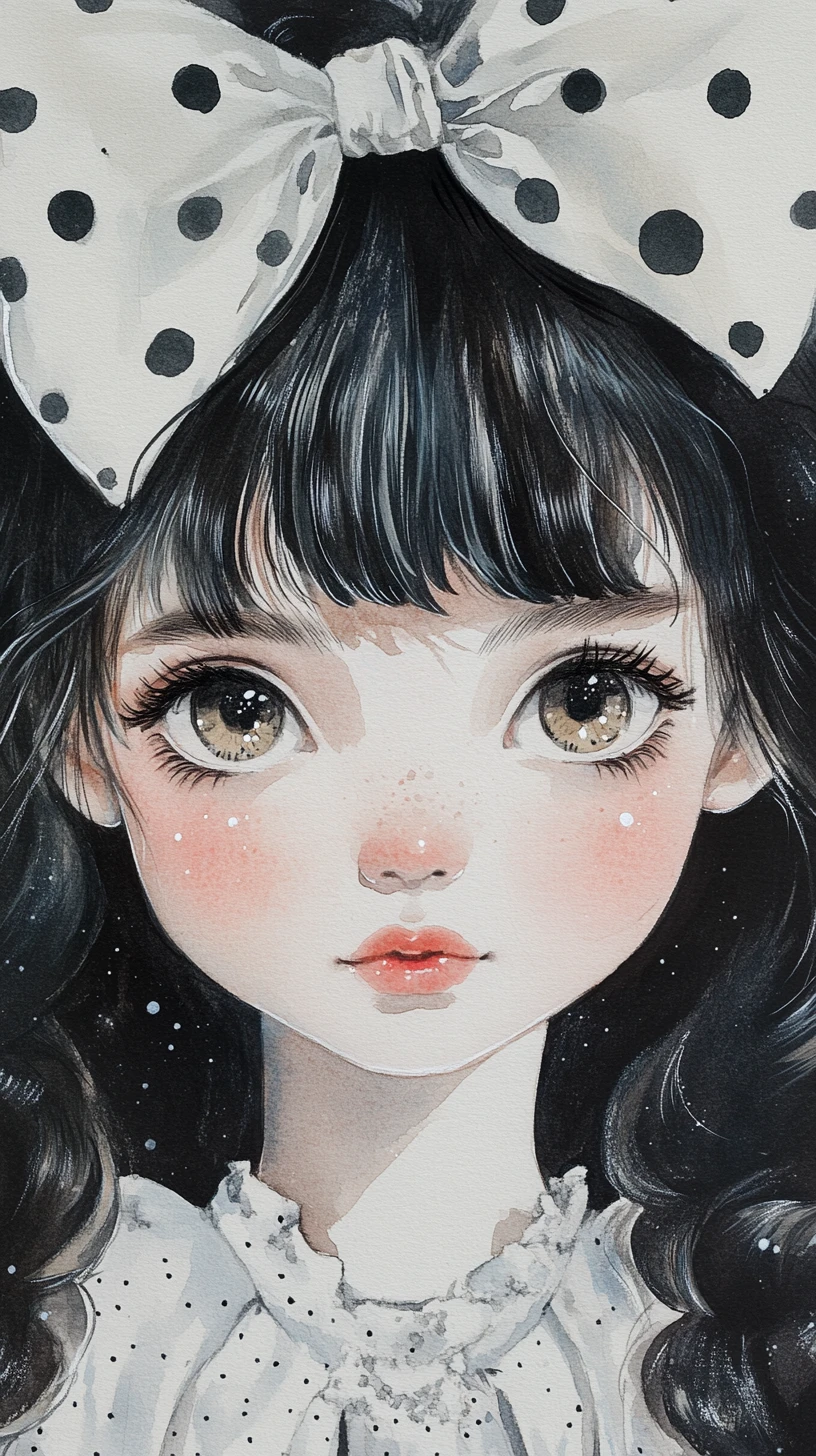 Manga watercolor close up of a sweet girl with bow