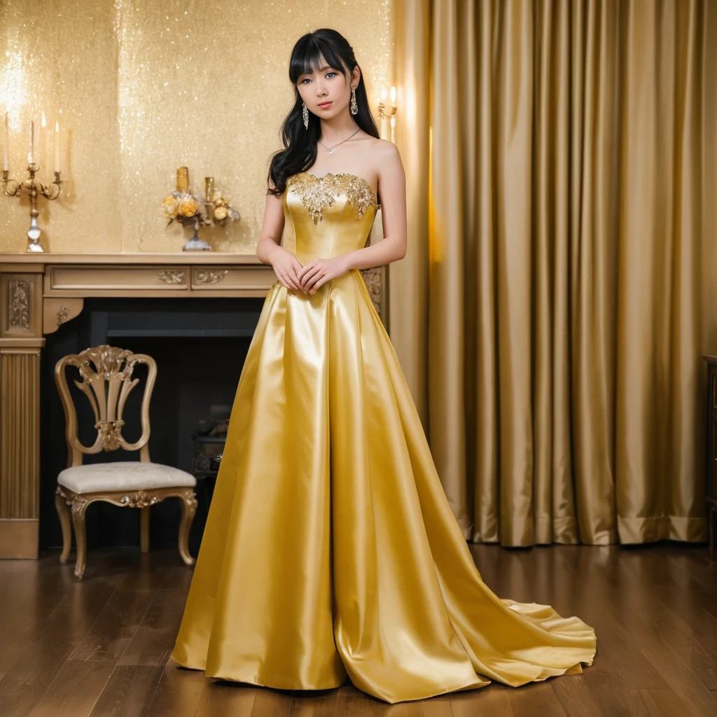 Elegant Japanese woman in a gold satin strapless gown