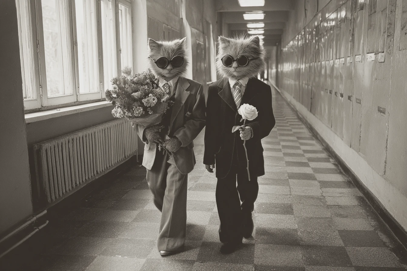 Chats Anthropomorphes en Costume Marchant dans un Couloir Vintage