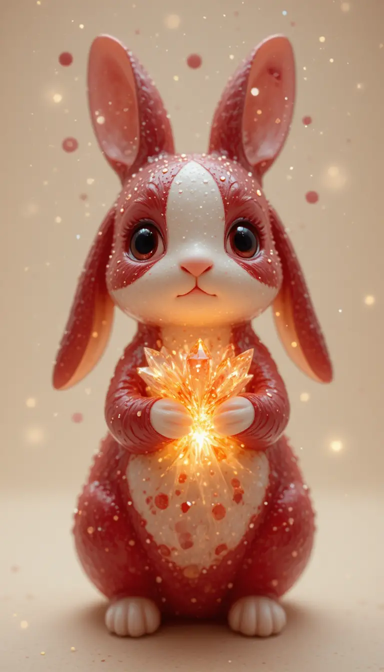 Adorável escultura de coelho de cristal brilhando suavemente em fundo bege