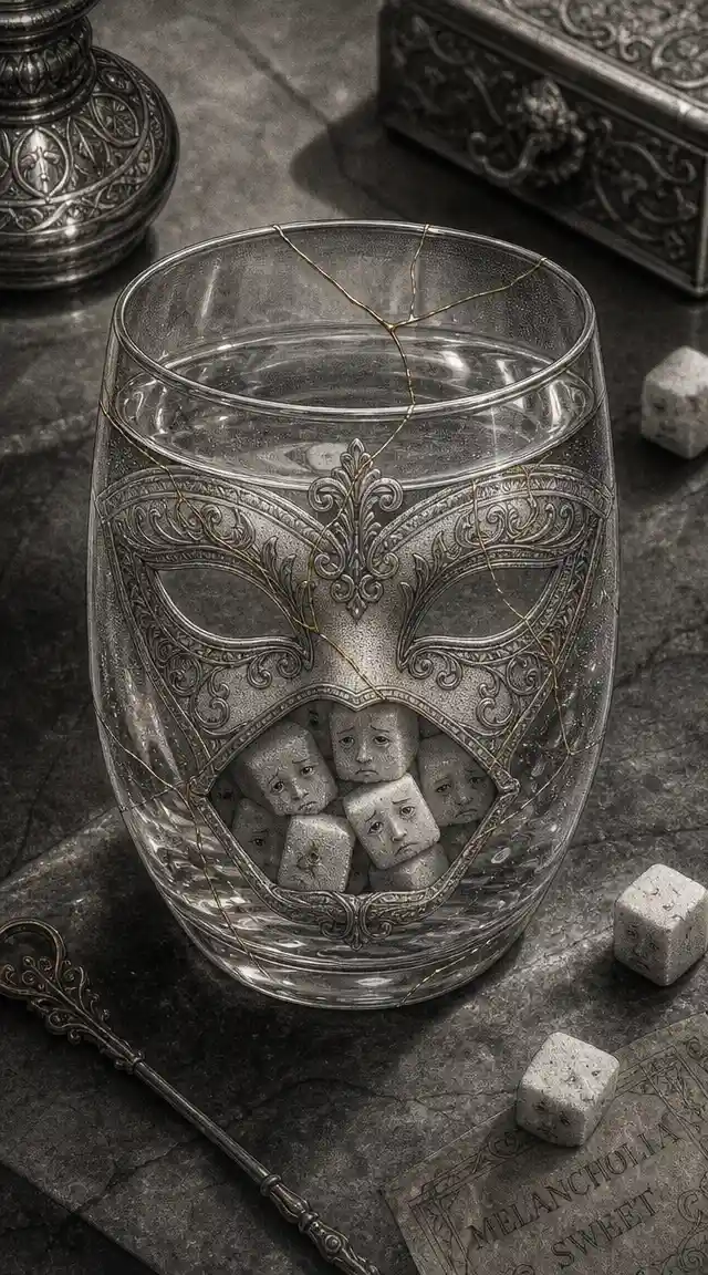 Surreal glass mask filled with sugar cubes and clear liquid