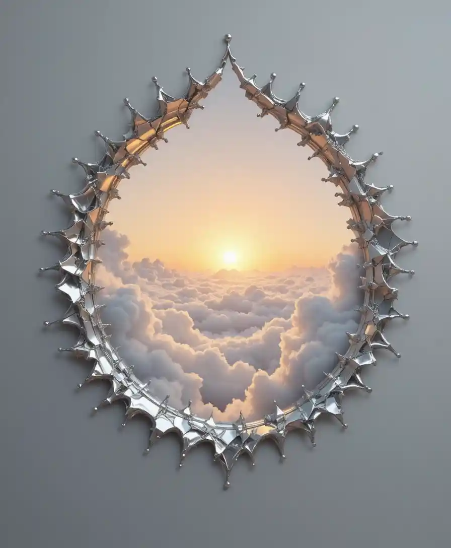Surreal metallic crescent opening into glowing sunrise sky