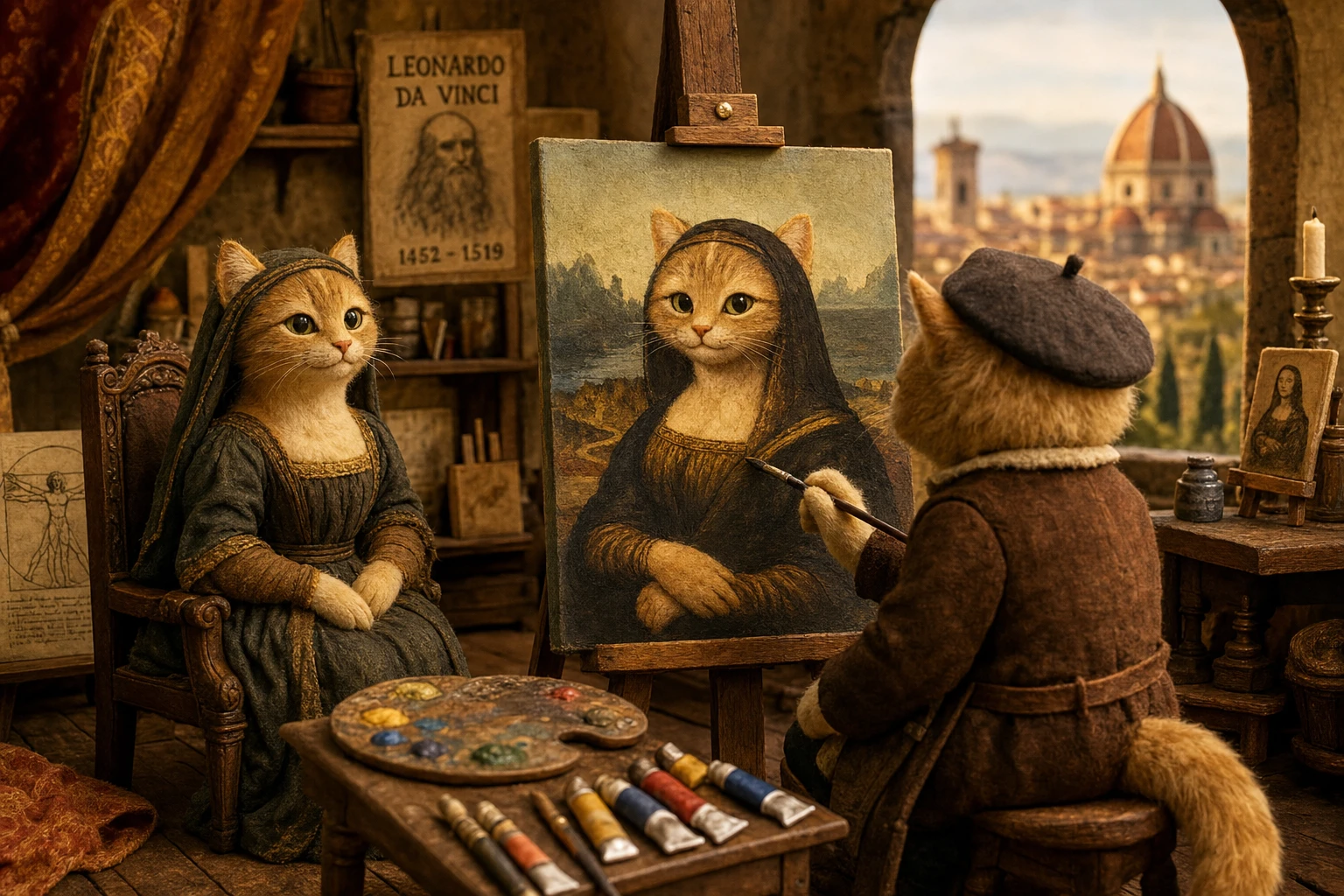 Fluffy Cat Artist Painting A Feline Mona Lisa Portrait