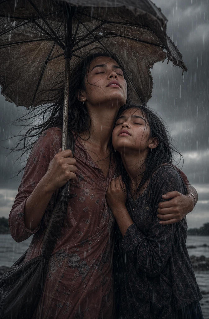 Mother and daughter sharing an umbrella in heavy rain