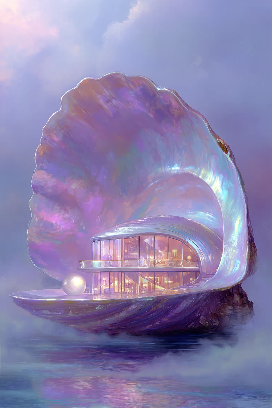 Casa de Concha Surreal con Perla Luminosa al Atardecer