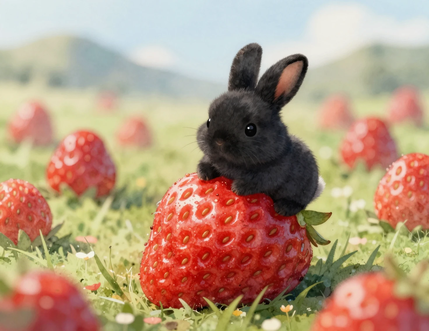 Tiny black rabbit sitting on a large red strawberry