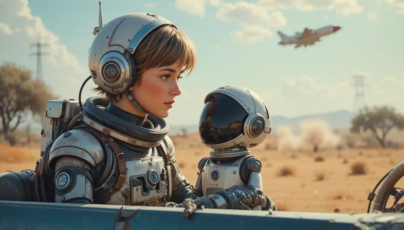 Young astronaut girl floating in outer space with her robot