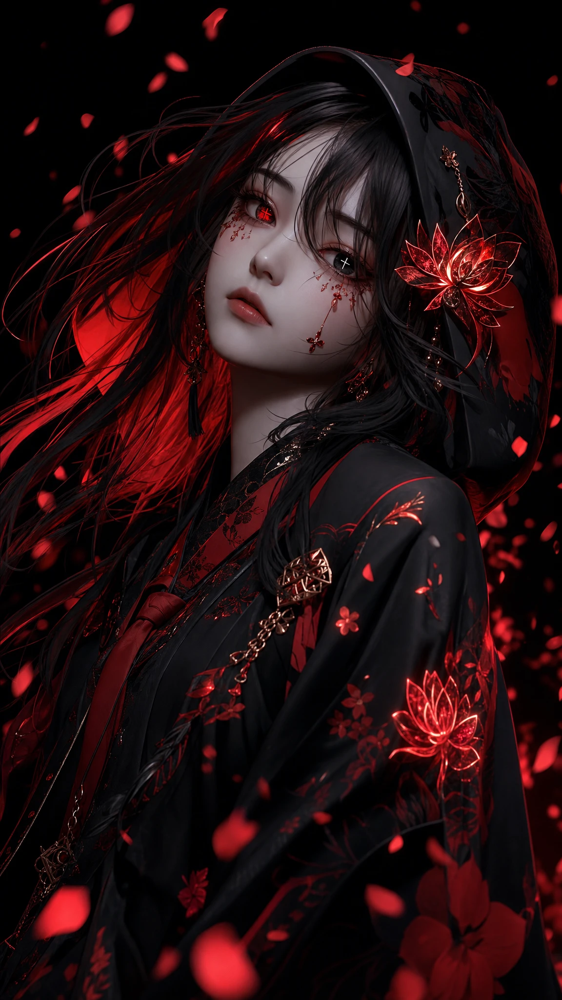 3D anime girl in dark kimono with glowing red accents