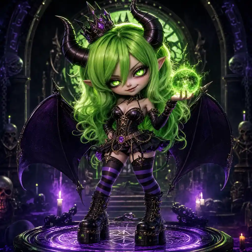 Chibi demon queen holding glowing chaos energy orb