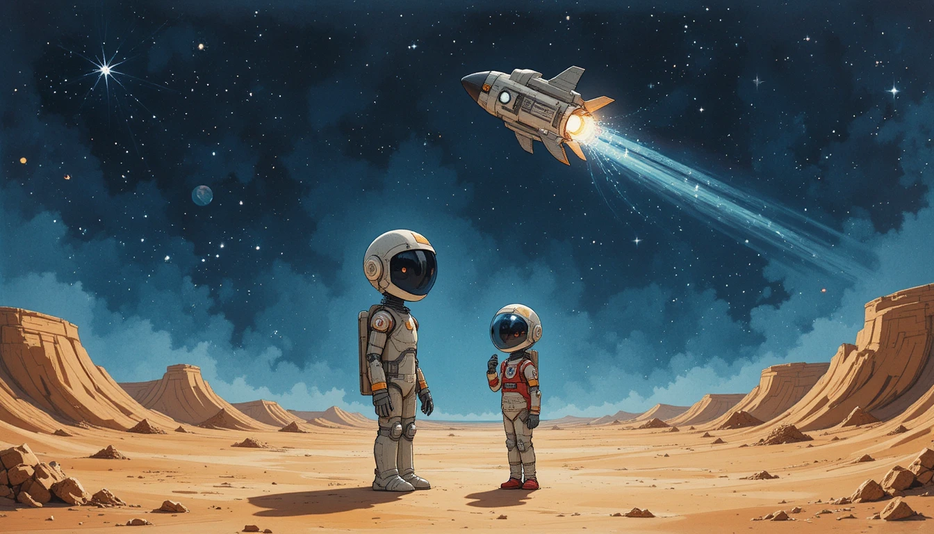 Young astronaut girl floating in outer space with robot